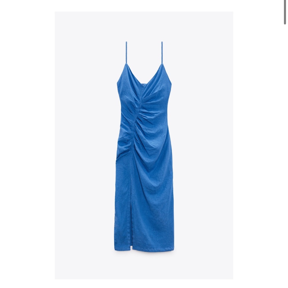 NEW - never worn tags attached Zara ruched linen midi dress in Blue size XS